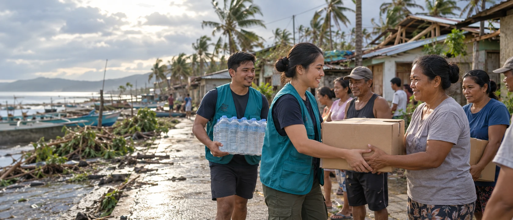 Aid workers handing relief supplies to residents after a typhoon